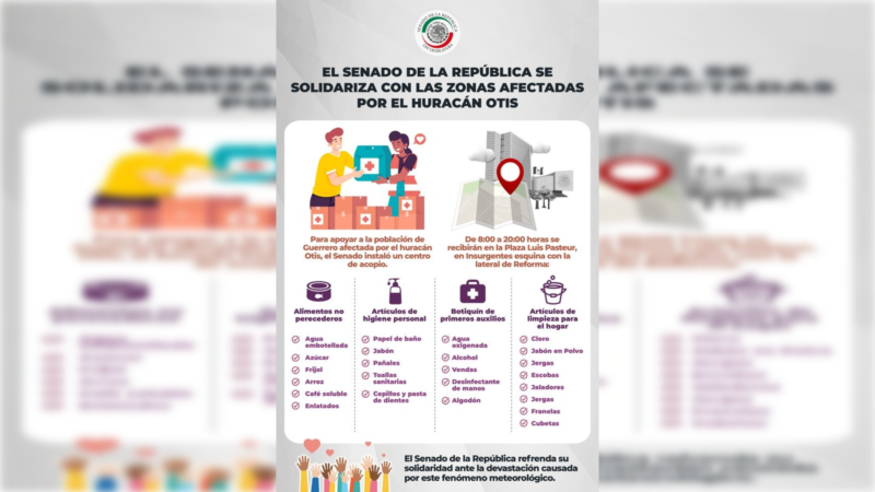 Instala Senado de la República centro de acopio para afectados por Huracán Otis, en Guerrero
